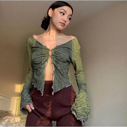 90s Vintage Fairy Ruffles Button T-shirts Y2K Aesthetic Women V-neck Flare Sleeve Ruched Slit Crop Tops Sexy Summer Tee Clothes