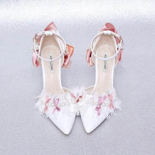 2021 summer new style forest sweet word with female sandals pointed toe stiletto heels bow lace adult wedding dress shoes