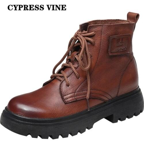 Cypress Vine Women Anckle Boots Genuine Cow Leather For Spring Autumn Winter Round Toe Anti-skid Outsole By Handmade Size 35-41