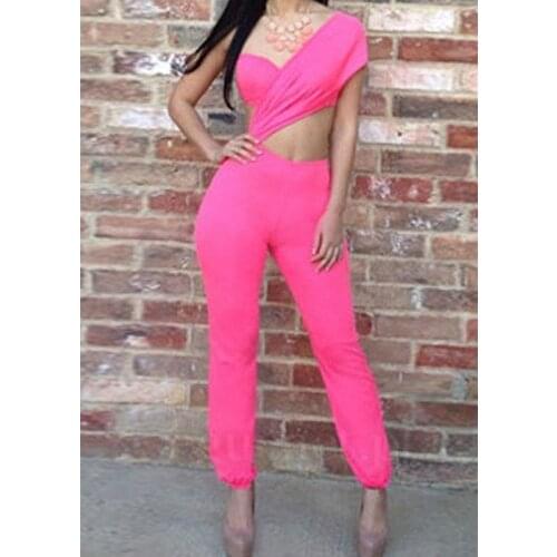 Women Summer Pink One Shoulder Sexy Hollow Out Bandage Jumpsuit Asymmetrical Sleeveless Cutout Long Playsuit Backless Rompers