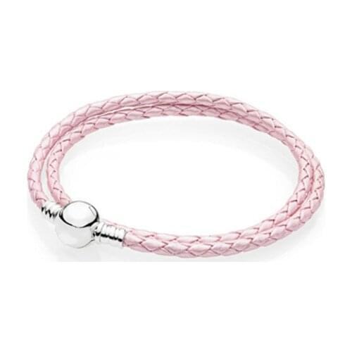 Pink Leather Bracelets for Women Signature Round Clasp 925 Sterling Silver Jewelry Braided Chain Bracelet DIY Female Woven Rope