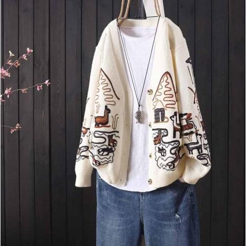 Autumn and winter jacket loose literary V-neck long-sleeved embroidery womens knitted cardigan retro sweater