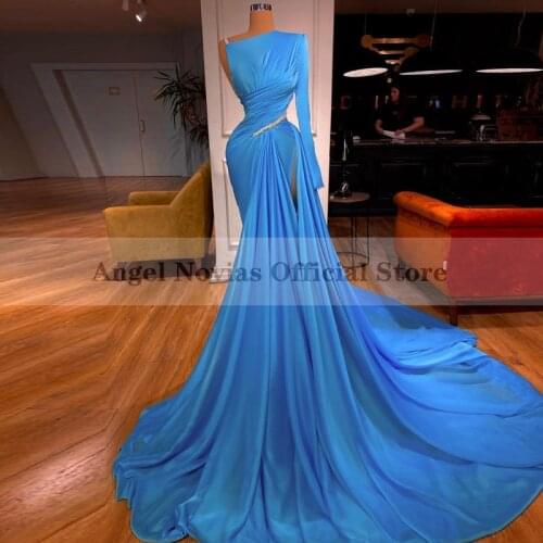 ANGEL NOVIAS Long Formal Womens Blue Mermaid Evening Dress with Crystals Prom Party Gowns 2021 Vestidos De Noche