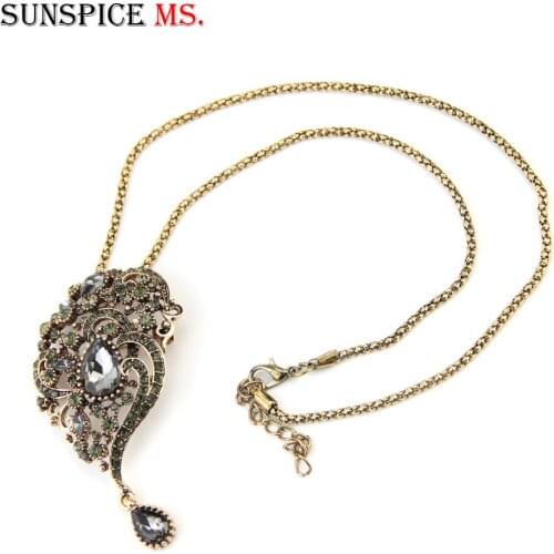 Sunspicems Unique Gray Crystal Pendant Necklace for Women Antique Gold Punk Necklace Vintage Jewelry Party Accessories Gifts