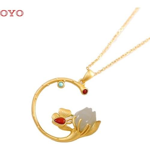 100% S925 Ancient Sterling Silver Hetian Jade Tulip Pendant Fashion Trend Womens