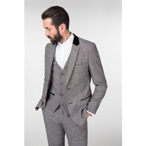 2017 Latest Coat Pant Designs Winter Light Grey Tweed Men Suit Slim Fit 3 Piece Tuxedo Custom Groom Blazer Prom Suits Masculino