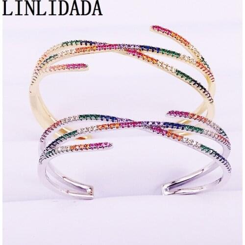 4Pcs Charm Multi Rainbow Zirconia Cz Micro Pave Colorful Fashion Adjusable Cuff Bangles