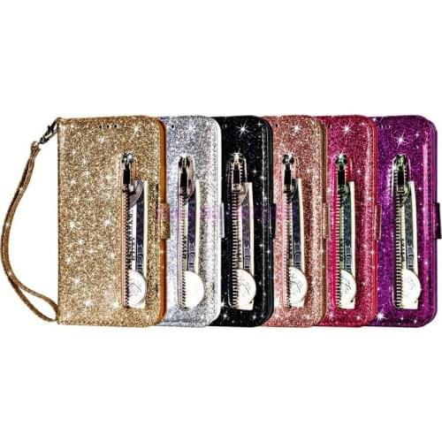 50pcs Glitter Zipper Wallet Bling Leather Case for iphone X XR XS MAX 6s 7 8 Plus for Galaxy S6 S7 Edge S8 S9 Plus J4 J3 J7
