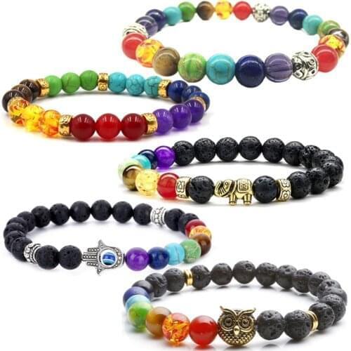 Lava Stone Bracelets for Women Men Chakra Bracelets Indian Yoga Jewelry Lucky Elephant Fatima Hand Charm Beads Strand Braclets