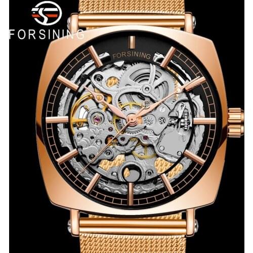 FORSINING Skeleton Automatic Mechanical Men Wristwatch Military Army Sport Male Clock Top Brand Luxury Rose Gold Man Watch 8153