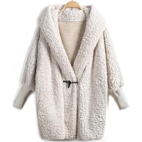Hot hooded double-faced fur coat winter latest fashion design womens apricot bat sleeve long sleeves loose street hooded jacket