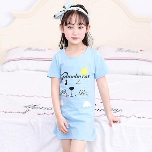 Summer Girl Nightgown Cartoon Cat Pajamas Dress for Kids Cotton Teenager Night Dress Short Sleeve Round Neck Baby Nightdress