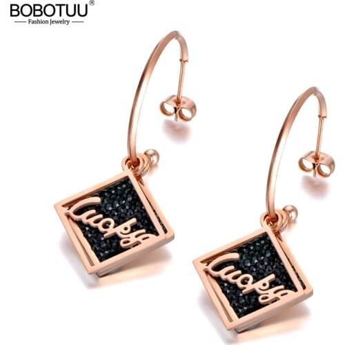 BOBOTUU Trendy Titanium Stainless Steel Square Lucky Earrings Jewelry Bohemia CZ Crystal Party Earrings For Women Girls BE20027