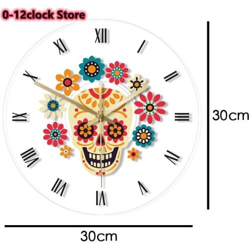 Mexican Floral Sugar Skull Wall Clock Day of the Dead Morden Design Dia De Los Muertos Night Light Hanging With LED Backlight