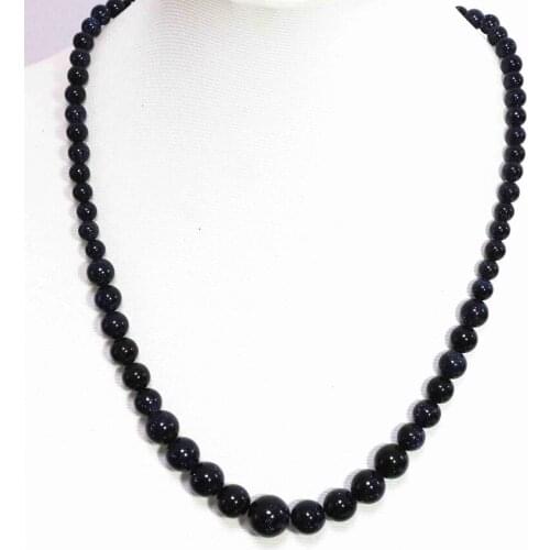 Wholesale price classcial blue gold-color sandstone stone 6-14mm round beads charms women fashion necklace jewelry 18inch B1454