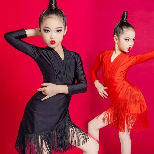 Fringe Latin Dance Dress For Girls Tango Dance Wear Ballroom Practice Wear Stage Costume Velvet Rumba Outfits Kids ClothesDL6856
