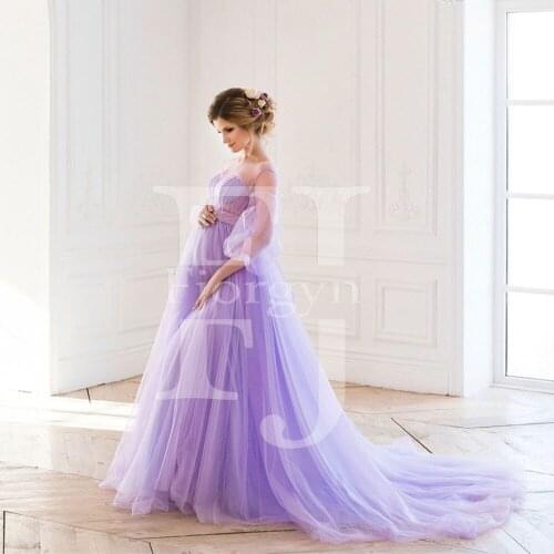 Luxury Premium Light Purple Tulle Maternity Dresses Pleated Beading Satin Belt A-Line Non-Maternity Events Three Quarter Sleeve