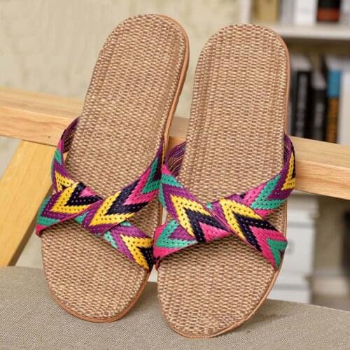 New Fashion Flax Home Slippers Indoor Floor Shoes Cross Belt Silent Sweat Slippers For Summer Women Sandals Free Shipping