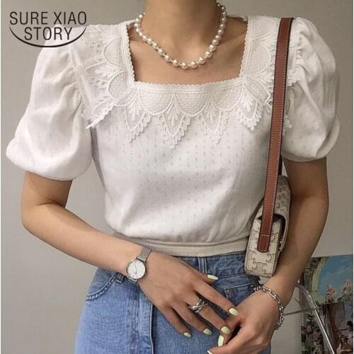 Korean Fashion Blouse Summer 2021 Solid Square Collar Lace Tops Casual Sweet Sexy Puff Sleeve Women Blouse Shirt Chic 14705