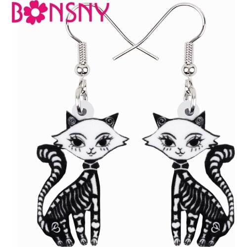 Bonsny Halloween Acrylic Elegant Skull Skeleton Cat Earrings Trendy Drop Dangle Charm Gift Jewelry For Women Girls Teens Friends