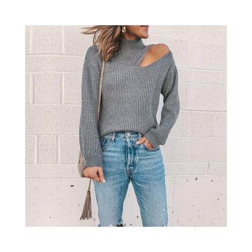 Womans Fashion Gray Harajuku Sweaters Hollow Out Design Half high Collar Long Sleeve Solid Color Slim Pullovers Knitted Tops