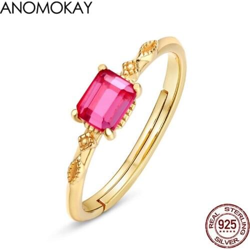 Anomokay Romantic Rose Red Rectangle Red Corundum Gold Color Adjustable Rings 925 Sterling Silver Women Ring Luxury Jewelry