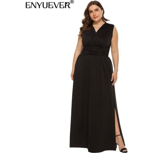 Enyuever Elegant Plus Size Women Formal Dress 5XL V Neck High Waist Sleeveless Slit Side Long Black Evening Gowns Party Dresses