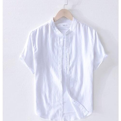 2019 Men Casual 100% Linen Shirt Summer Solid Color Thin Short Sleeve