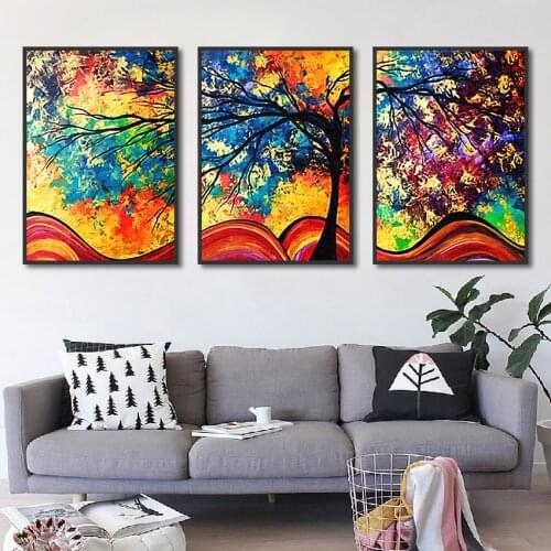 3 Pcs Oil On Canvas Posters Colorful Tree Art Painted Nordic Modern Home Wall Decoration