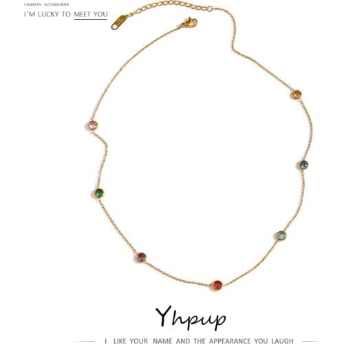Yhpup 316L Stainless Steel Chain Necklace Delicate Colorful Cubic Zirconia Collar Necklace Trendy Jewelry Bijoux Femme Party