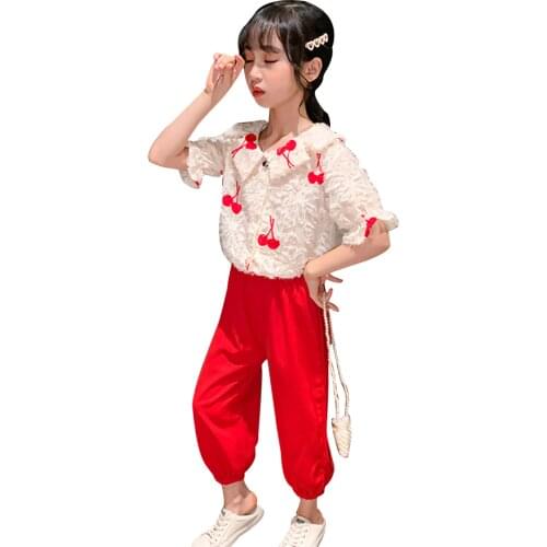 Kids Summer Clothes Girls Cherry Pattern Girls Clothing Blouse + Pants Girls Clothing Sets Teenage Childrens Costume