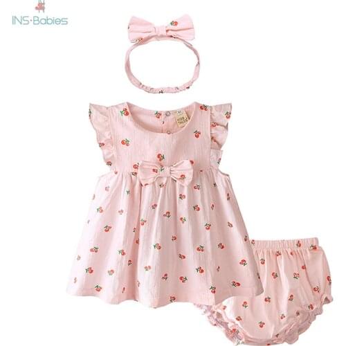 Children 3pcs Clothing 2020 Summer Baby Girls Cute Pink Clothes Dress + Shorts +headband Set Newborn Baby Girls Princess Dress