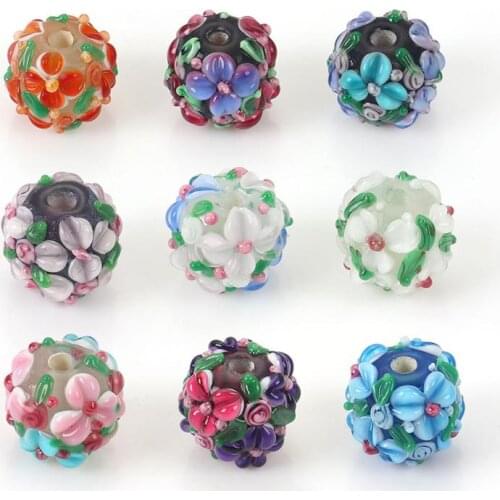 Doreenbeads Lampwork Glass Encased Floral Beads Round Flower Leaves Loose Spacer Beads For Jewelry Making DIY Bracelet 13mm 1 PC