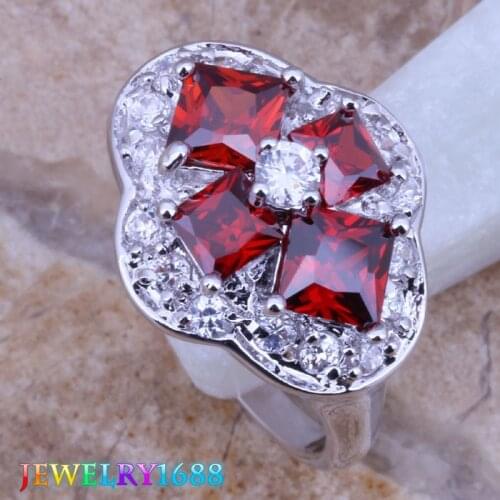 Fantastic Red Garnet White CZ Silver Plated Ring Size 6 / 7 / 8 / 9 D190