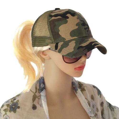 Hirigin Women Camo Green Ponytail Baseball Cap Patchwork Messy Bun Ponycap Snapback Summer Mesh Visors Casual Sun Hat