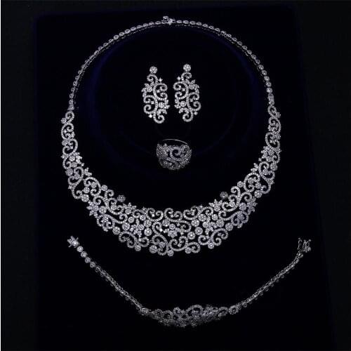Hot New Women Bride wedding Jewelry Sets White color with Cubic zircon 4 pcs sets ( necklace + bracelet + earrings+Ring)