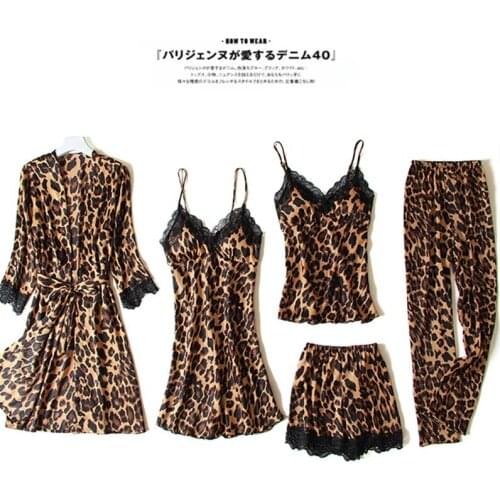 New Sexy Ladies 5 Pieces Pajamas Set Summer Leopard Print Lace Ice Satin Silk Women Pajamas Set With Chest Pads Home service