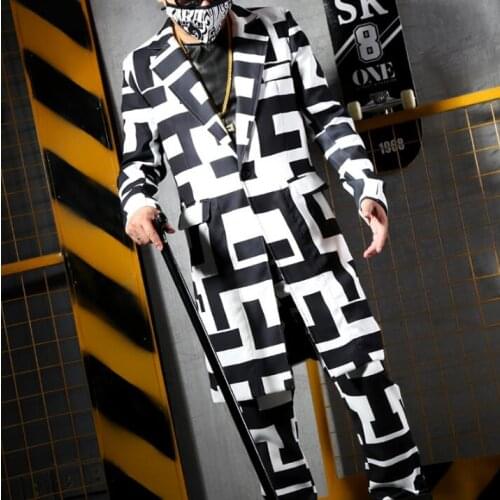 Suit+pants ) Men Fashion Costume Suits Nightclub New Male Singer Dj Party Blazer Black White Geometric Patterns Blazers Suit