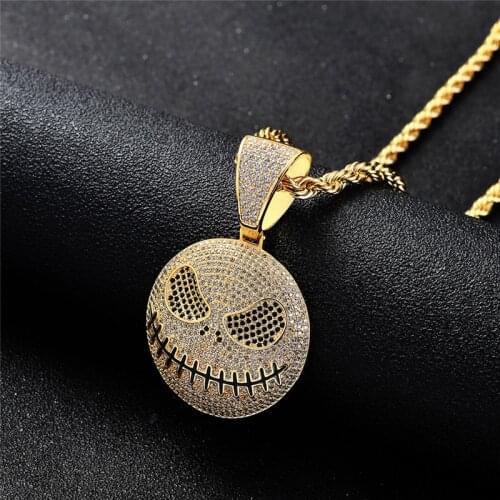 Iced Out Jack Skellington Necklace & Pendant Pave Full Cubic Zircon Ghost Hip Hop Rock Jewelry Christmas Gift