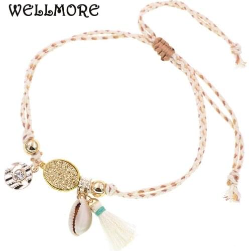 WELLMORE handmade trendy anklet bracelet rope chain shell anklets lace-up bohemia charm bracelet women Foot Jewelry