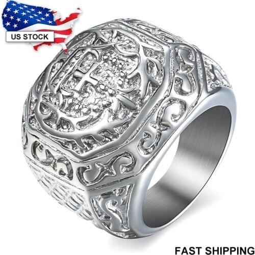 316L Stainless Steel Ring for Men Rock N Roll Carved Cross Crown Mens Ring Silver Color Fashion Jewelry Gift US Size 8-13 LHR141