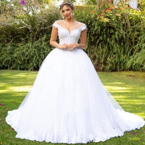 Open Off the Shoulder Garden Wedding Dress With Sequins Lace Up Back White Bridal Gowns Vestido De Noiva Simples