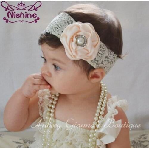 Nishine 1PCS Kids Lovely Girl Lace HairBand Pearl Rhinestone Flower Headband Rose Flower Headwear Hair Band Accessories