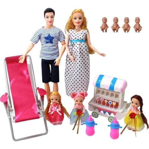 5-Person family couple combination=11.5" Barbies pregnant doll mom/daddy/girl/stroller/dining chair children toy Christmas gift
