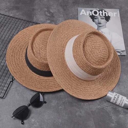 Women Summer Beach Sun Cap 2019 New Brand Flat Top Straw Hat Fashion Girl Ribbon Beach Hat Bone Feminino Gorra