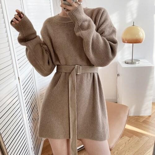 Thick Warm Chic Oversize Sweater Dress Women Winter Autumn Knitted Dress Loose Long Sleeve Casual Sweater with Belt