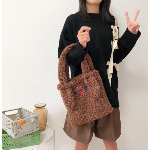 Korean Imitation Lamb Velvet Handbag Women New Style 2020 Cartoon Embroidery Shoulder Bags Girls Student Totes Winter Plush Bag