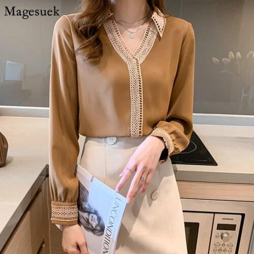 Autumn New Embroidery Hollow Long Sleeve Silk Blouse V-Neck Solid Turn Down Collar Shirt Tops Women Plus Size Female Shirt 13094