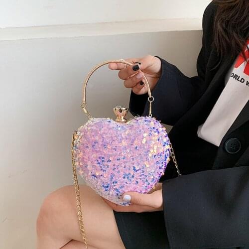 Sequin Heart Shaped Womens Bag 2021 New Fashion Design Chain Dinner Bag Crystal Evening Bags Fashion Tote Bag