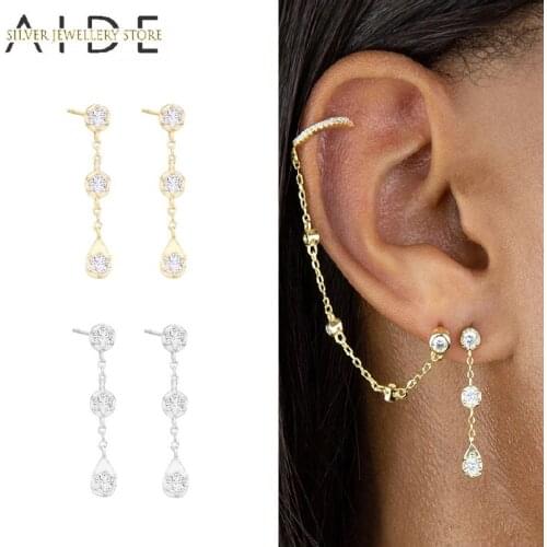 AIDE Luxurious Long Chain Dangle Earings Simple 3 Zircons Drop 925 Sterling Silver Earrings For Women Fine Jewelry Pendientes